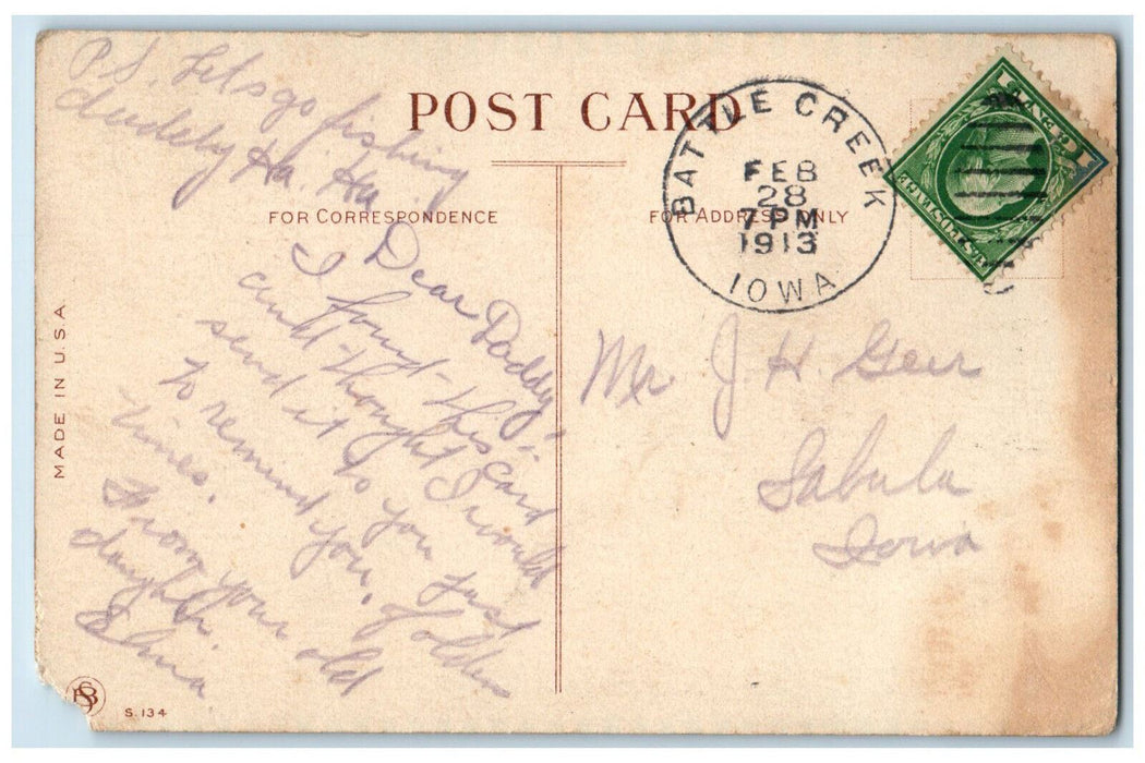 1913 Greetings From Battle Creek Iowa IA Letters Humor Pennant Antique Postcard