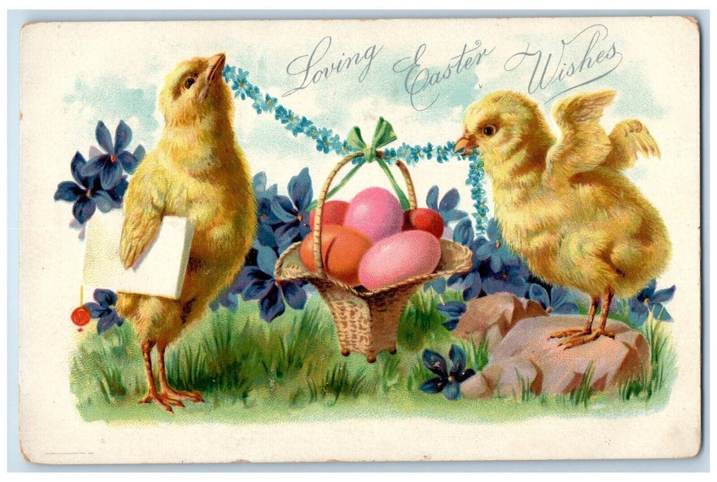 c1910's Easter Wishes Chicks Hanging Basket Eggs Pansies Embossed Tucks Postcard