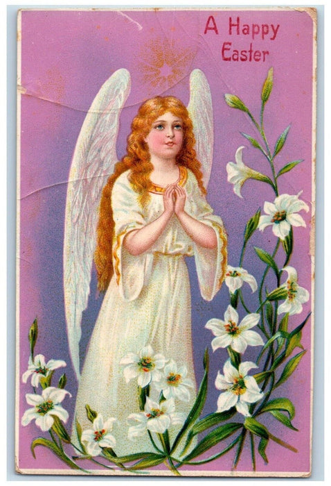 1911 Happy Easter Angel Praying White Lilies Flowers Gel Freeport IL Postcard