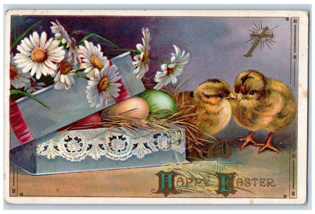 c1910's Easter Cross Chicks And Eggs Daisy Flowers Embossed Antique Postcard