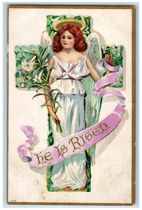1909 Easter Holy Cross Angel With Lily Flowers Embossed Posted Antique Postcard