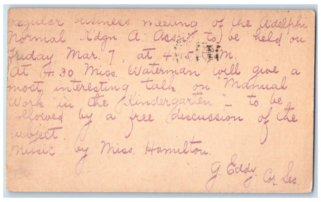 1902 Adelphi Normal Kindergarten Meeting Brooklyn Tarrytown NY Postal Card