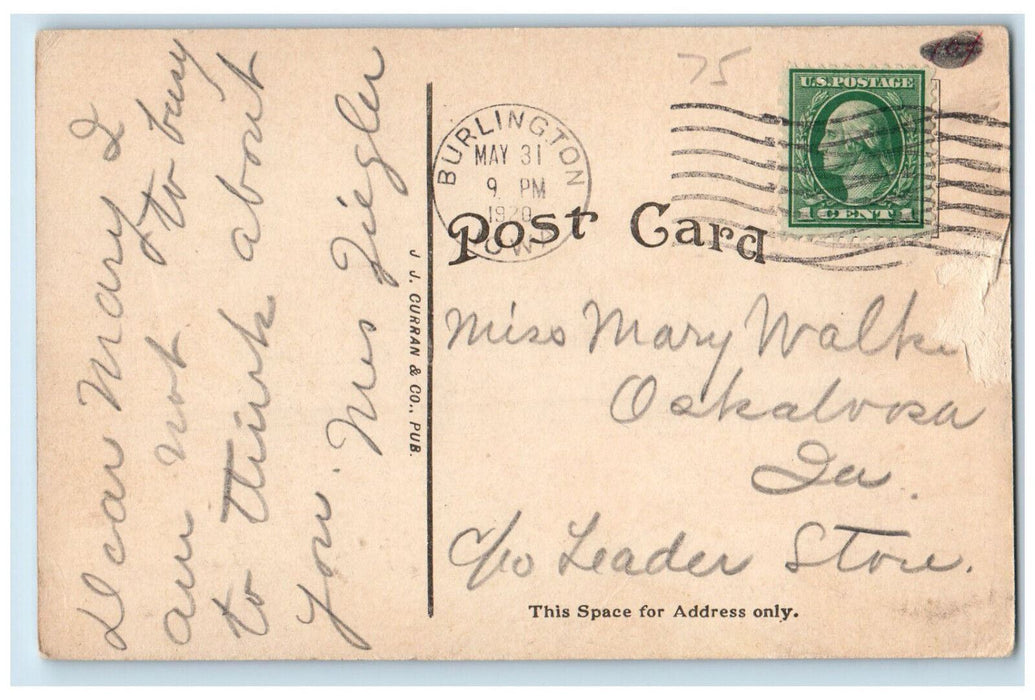 1920 Bird's Eye View Looking East  Burlington Iowa IA Vintage Posted Postcard