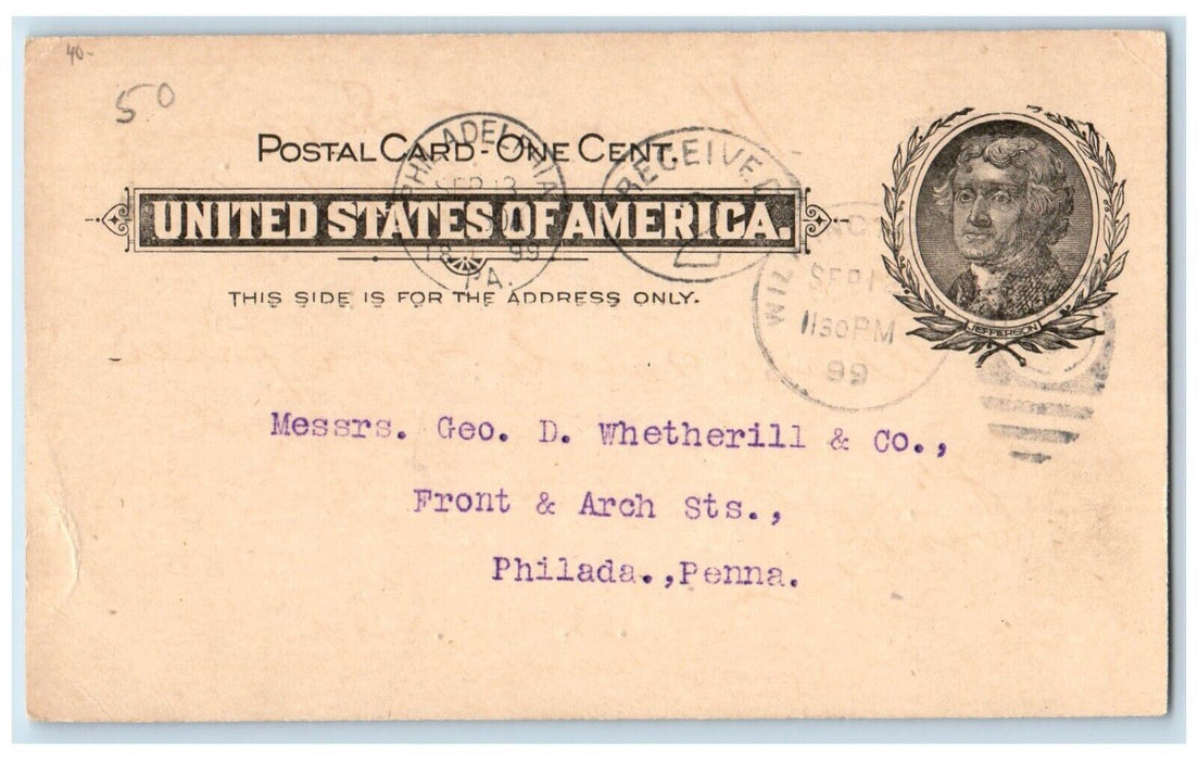 1899 Messrs. Geo. D Whetherill & Co Front Street Philadelphia PA PMC Postal Card