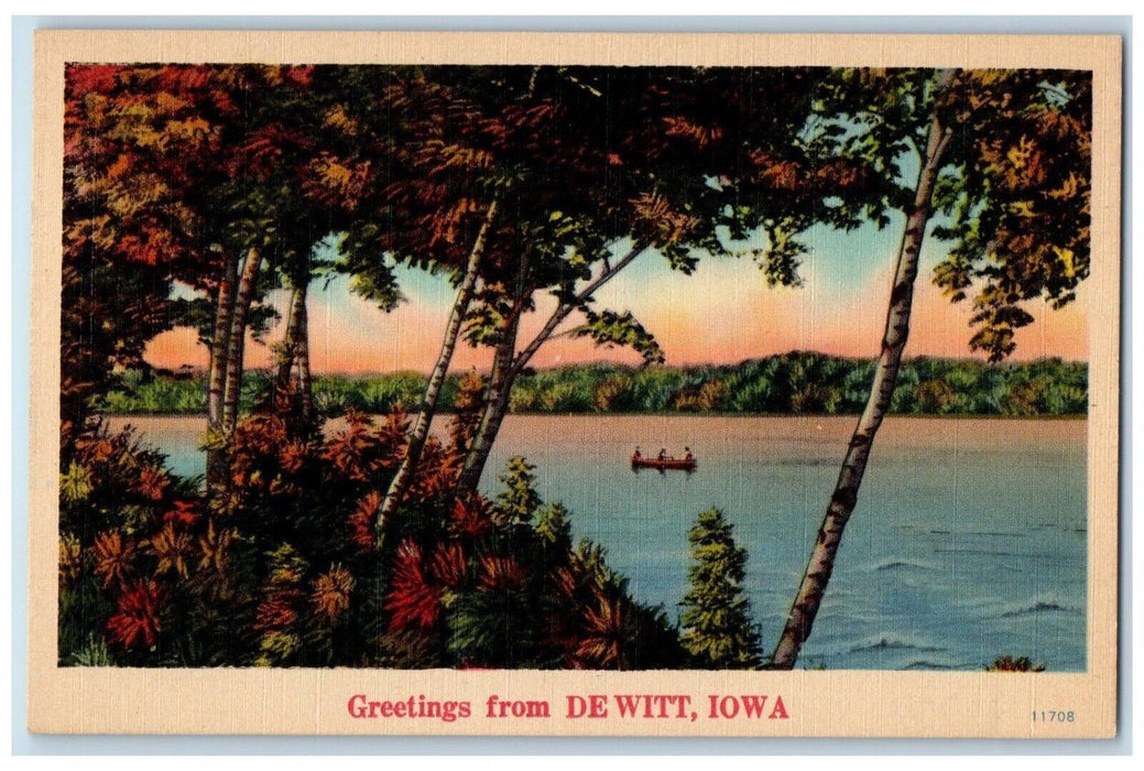 c1940 Greetings De Witt Iowa IA Banner Canoeing Lake Vintage Antique Postcard