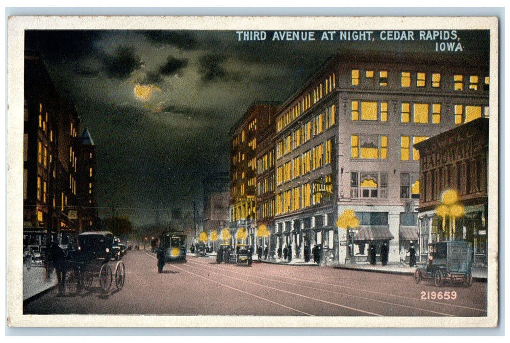 Third Avenue At Moon Night Street Scene Cedar Rapids Iowa IA Antique Postcard