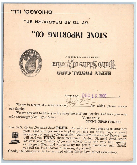 1900 Receipt of Remittance Stone Importing Co. Chicago IL Paid Reply Postal Card