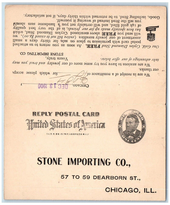 1900 Receipt of Remittance Stone Importing Co. Chicago IL Paid Reply Postal Card