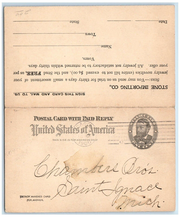 1900 Receipt of Remittance Stone Importing Co. Chicago IL Paid Reply Postal Card