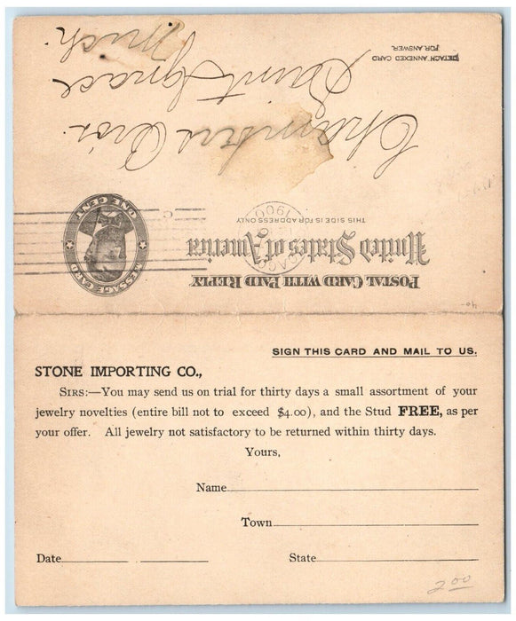 1900 Receipt of Remittance Stone Importing Co. Chicago IL Paid Reply Postal Card