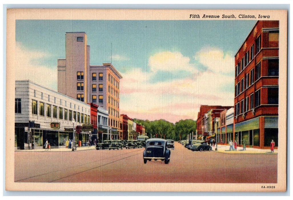Fifth Avenue South Car-lined Building Stores Shops View Clinton Iowa IA Postcard