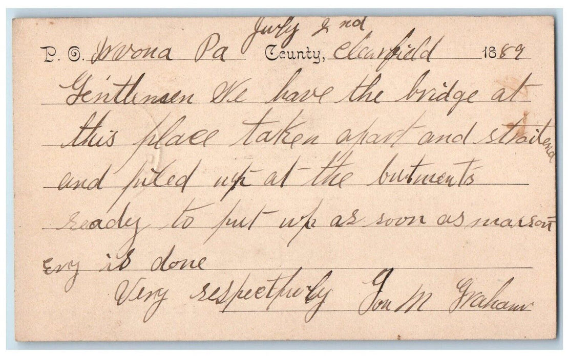 1889 Pittsburgh Bridge Co. Construction Clearfield Irvona PA Postal Card