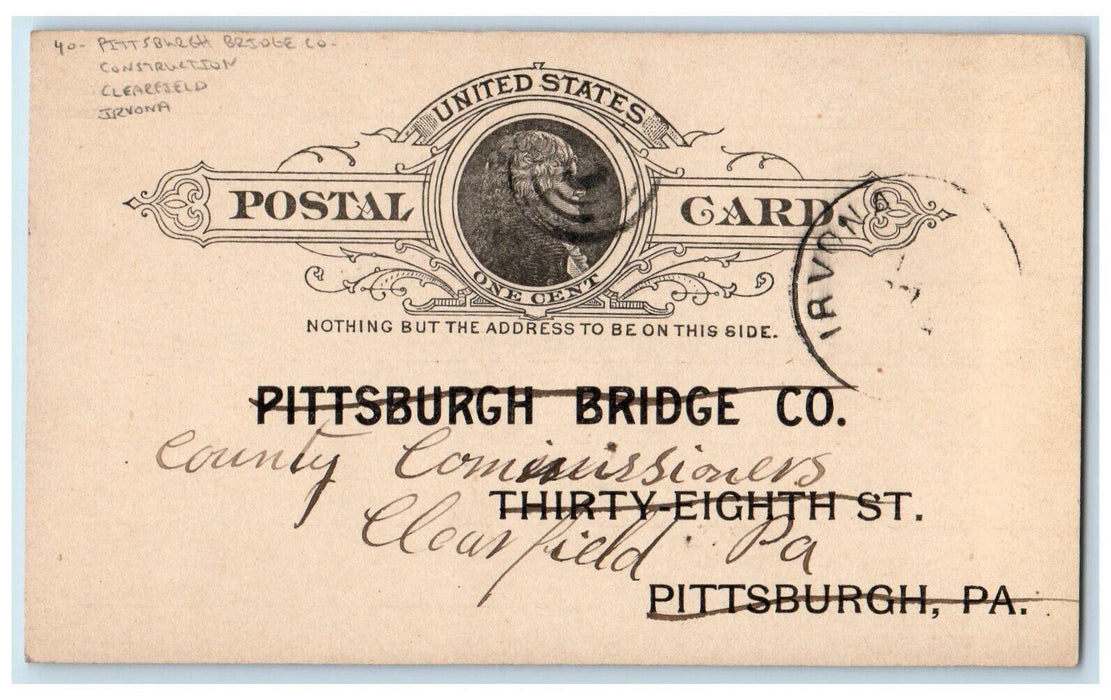 1889 Pittsburgh Bridge Co. Construction Clearfield Irvona PA Postal Card
