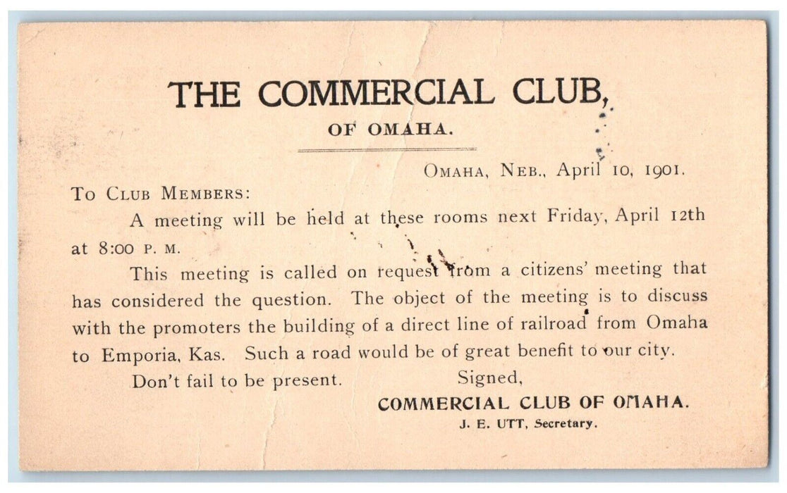 1901 Members Meeting The Commercial Club of Omaha Nebraska NE PMC Postal Card