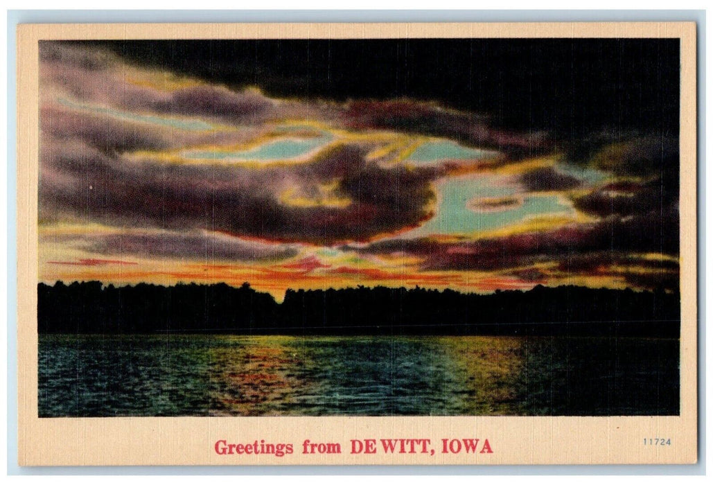 c1940 Greetings De Witt Iowa IA Banner Sunset View Lake Vintage Antique Postcard