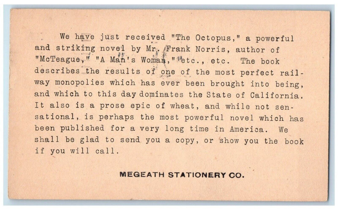 1901 Received The Octopus Striking Novel By Mr. Frank Norris NE PMC Postal Card