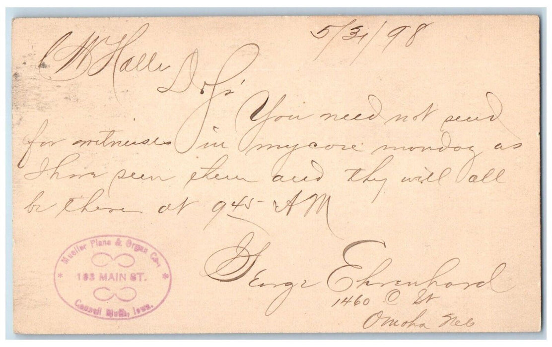 1898 Mueller Plane & Organ Co. Council Bluffs IA Omaha NE PMC Postal Card