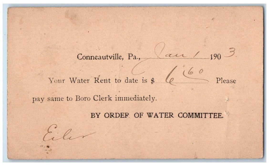 1903 Water Rent Order of Water Committee Conneautville PA Postal Card