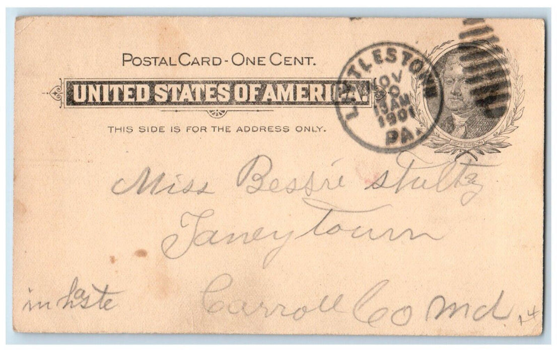 1901 Letter About Coming Home Littlestown Pennsylvania PA PMC Postal Card
