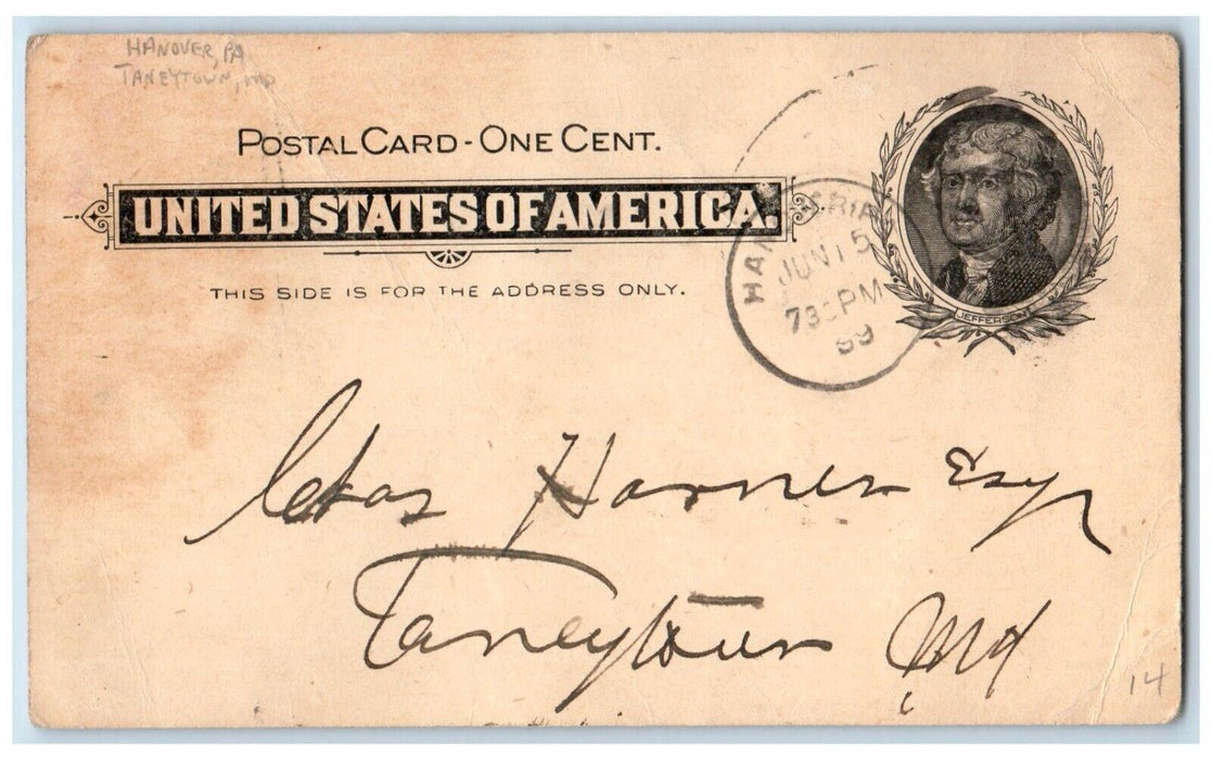 1899 Bag Letter Hanover Pennsylvania PA Taneytown MD Antique PMC Postal Card