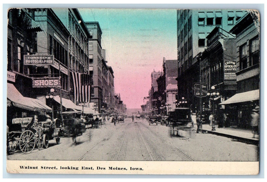 1914 Walnut Street Looking East Optical Shoes Store Des Moines Iowa IA Postcard