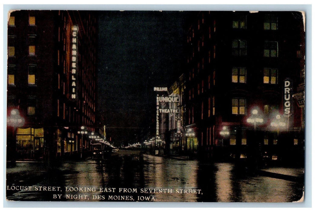 1913 Locust Street Looking East Theatre By Night Des Moines Iowa IA Postcard