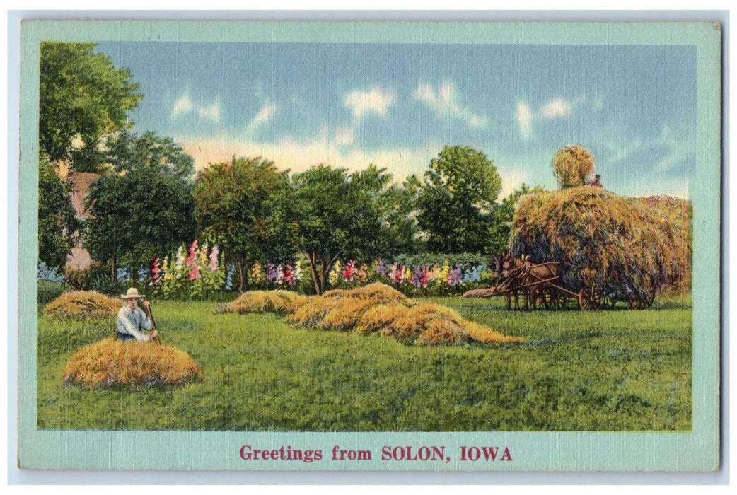 1955 Greetings From Solon Iowa IA, Farm Farmer Farmland Scene Vintage Postcard