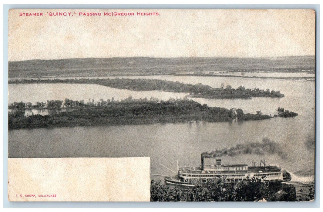 Bird's Eye View Of Steamer Ship Quincy Passing McGregor Heights Iowa IA Postcard