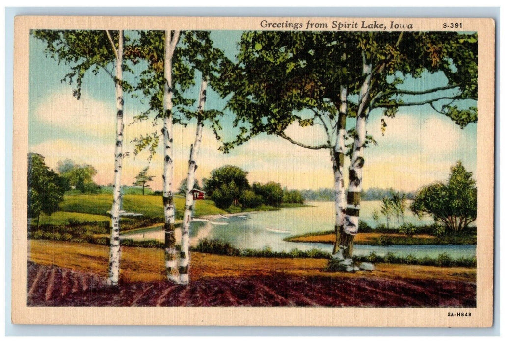 c1938 Greetings Spirit Lake Iowa Banner IA Trees House Antique Vintage Postcard