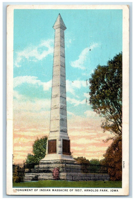 c1938 Scenic View Monument Indian Massacre 1857 Arnolds Park Iowa IA Postcard