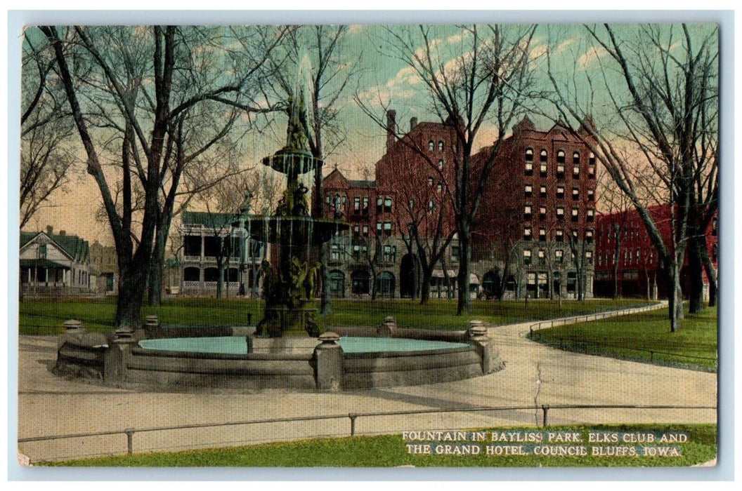 1914 Fountain Bayliss Park Elks Club Grand Hotel Council Bluffs Iowa IA Postcard