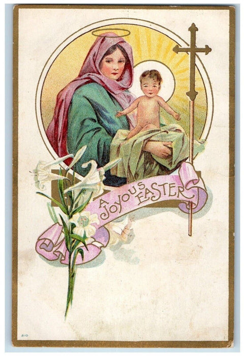 c1910's Easter Gold Holy Cross Religious Lily Flowers Posted Antique Postcard