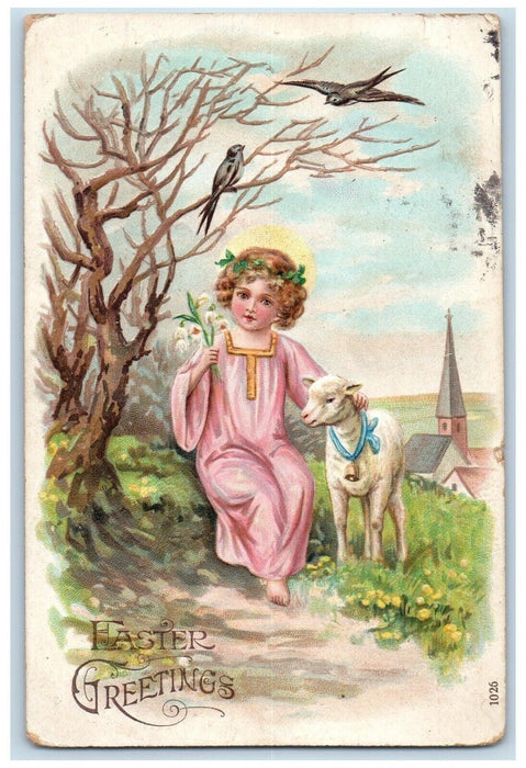 1908 Easter Greetings Little Girl With Lamb Flowers Bird Embossed Postcard