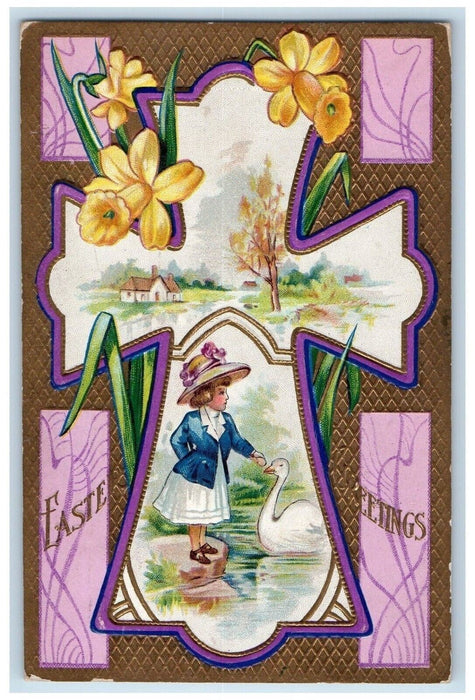 1911 Easter Greetings Holy Cross Girl At The Pond Swan Flowers Embossed Postcard