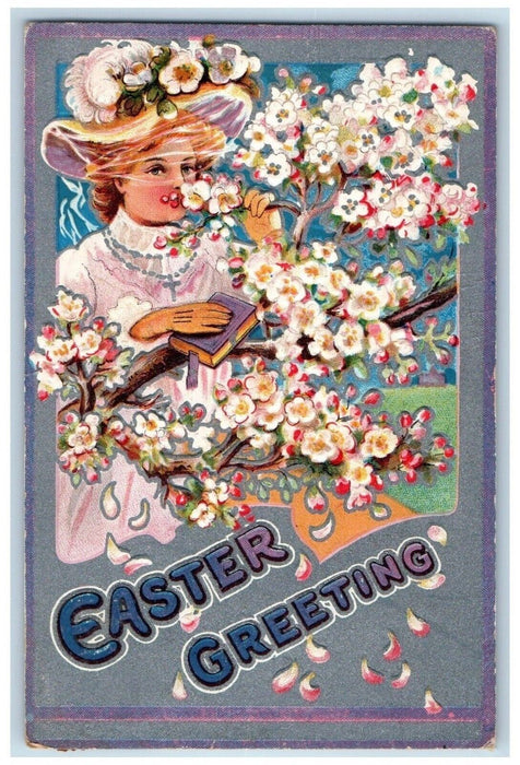 1909 Easter Greeting Pretty Woman Book Blossom Tree Flowers Embossed Postcard