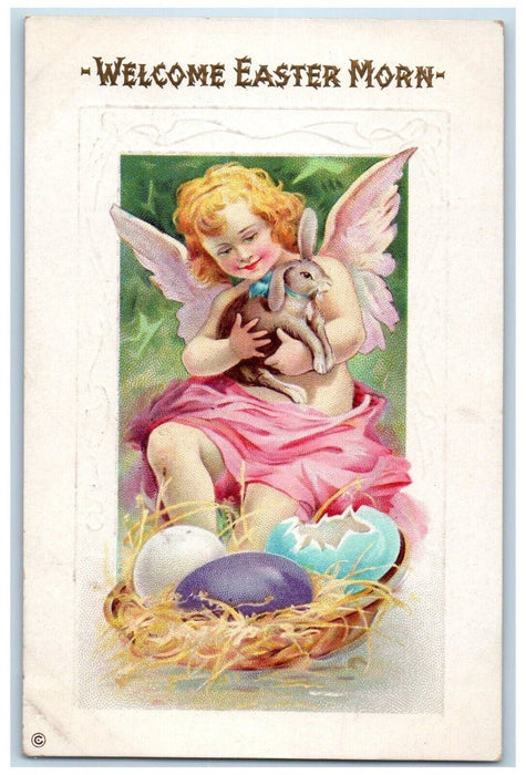 c1910's Easter Morn Holy Angel Hatched Egg Nest Rabbit Embossed Antique Postcard