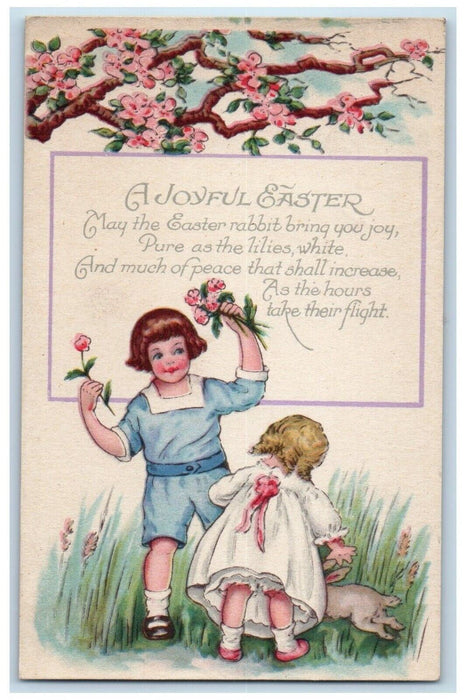 Easter Children Picking Flowers Bunny Rabbit Mount Carroll Illinois IL Postcard