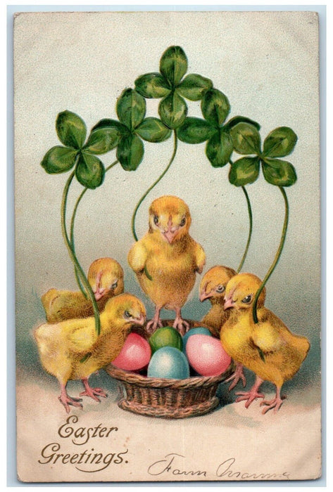 1907 Easter Greetings Chicks Holding Shamrocks Basket Of Eggs Embossed Postcard