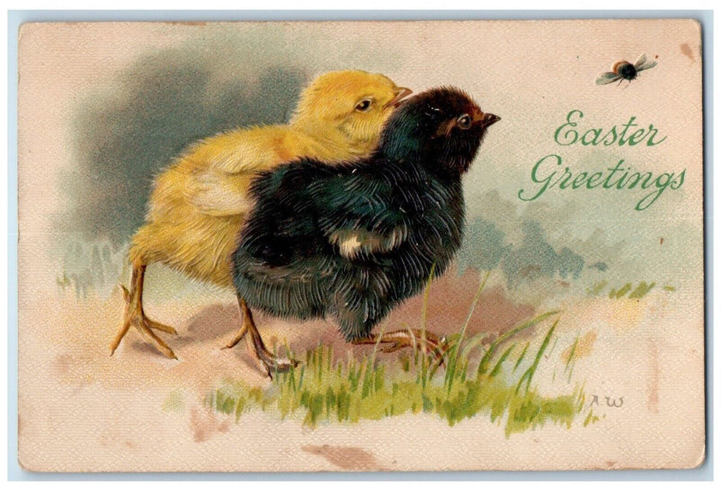 c1910's Easter Greetings Chicks Caching Bee Embossed Unposted Antique Postcard