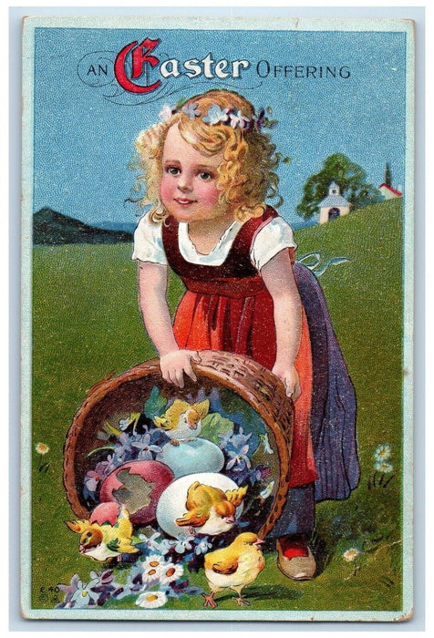 Easter Offering Girl Dumping Basket Hatched Eggs Chicks Cedar Falls IA Postcard