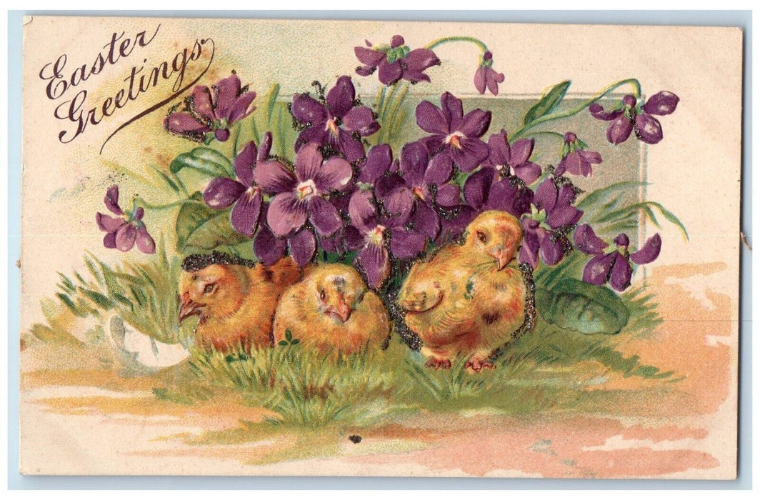 c1905 Easter Greetings Chicks And Purple Flowers Glitter Embossed Postcard