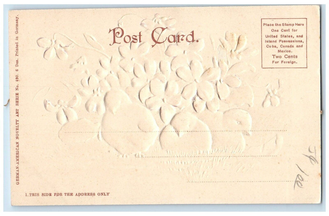 c1905 Easter Greetings Chicks And Purple Flowers Glitter Embossed Postcard