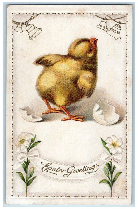 c1910's Easter Greetings Chicks Hatched Egg Lilies Flowers Embossed Postcard