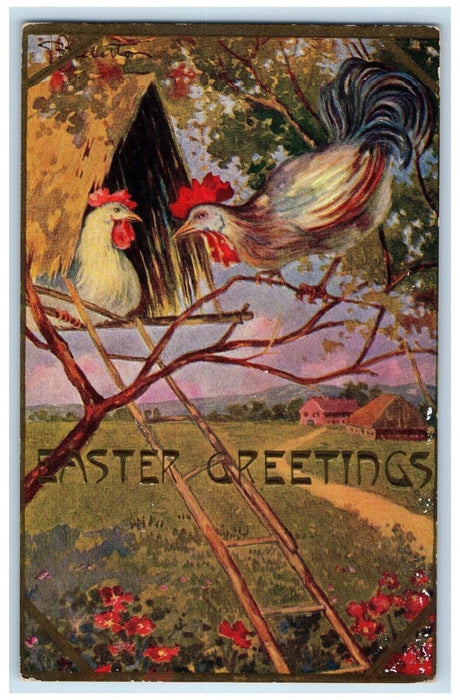 c1910's Easter Greetings Rooster Chicken Hen Tree House Ladder Embossed Postcard