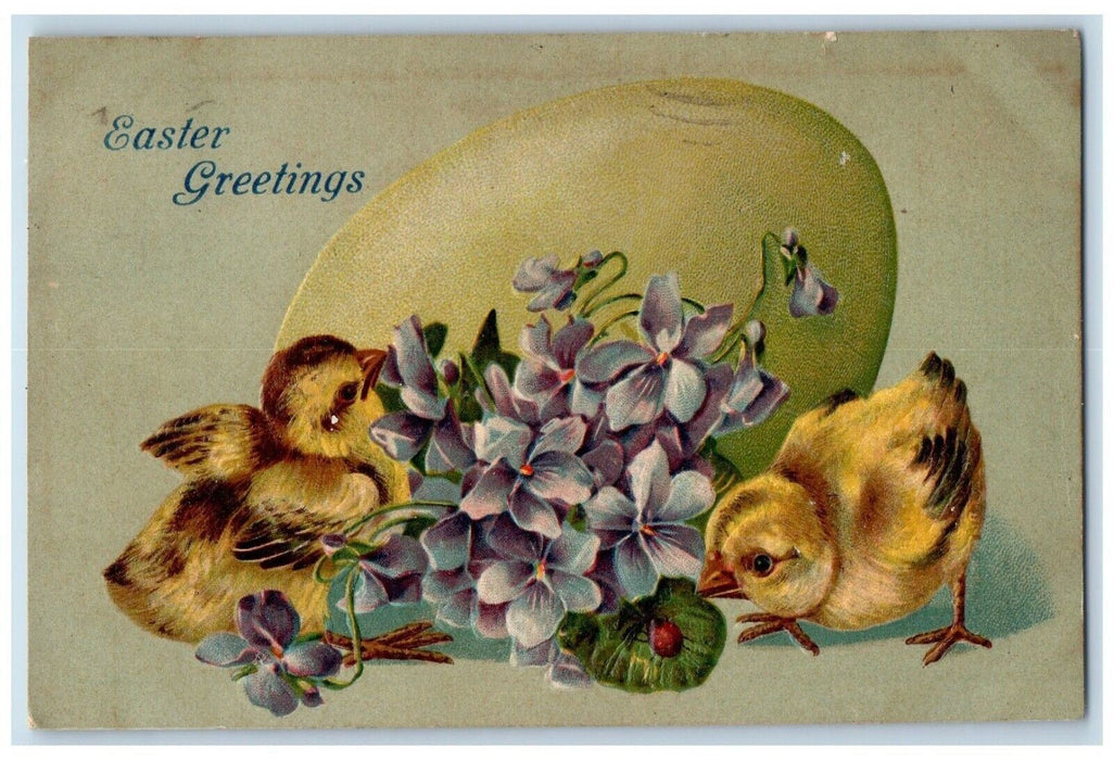 1909 Easter Greetings Egg Chicks Lady Bug Pansies Flowers Embossed Postcard