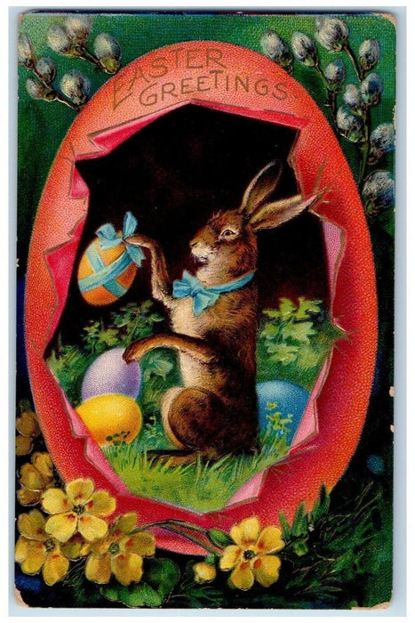 c1910's Easter Greetings Hatched Egg Rabbit Pipe Berry Flowers Embossed Postcard