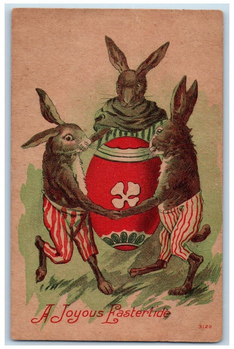 c1910s Easter Anthropomorphic Rabbit Playing Giant Egg Unposted Antique Postcard