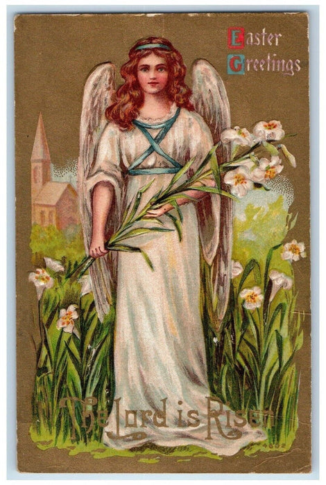 c1910's Easter Greetings Holy Angel White Lilies Flowers Embossed Postcard