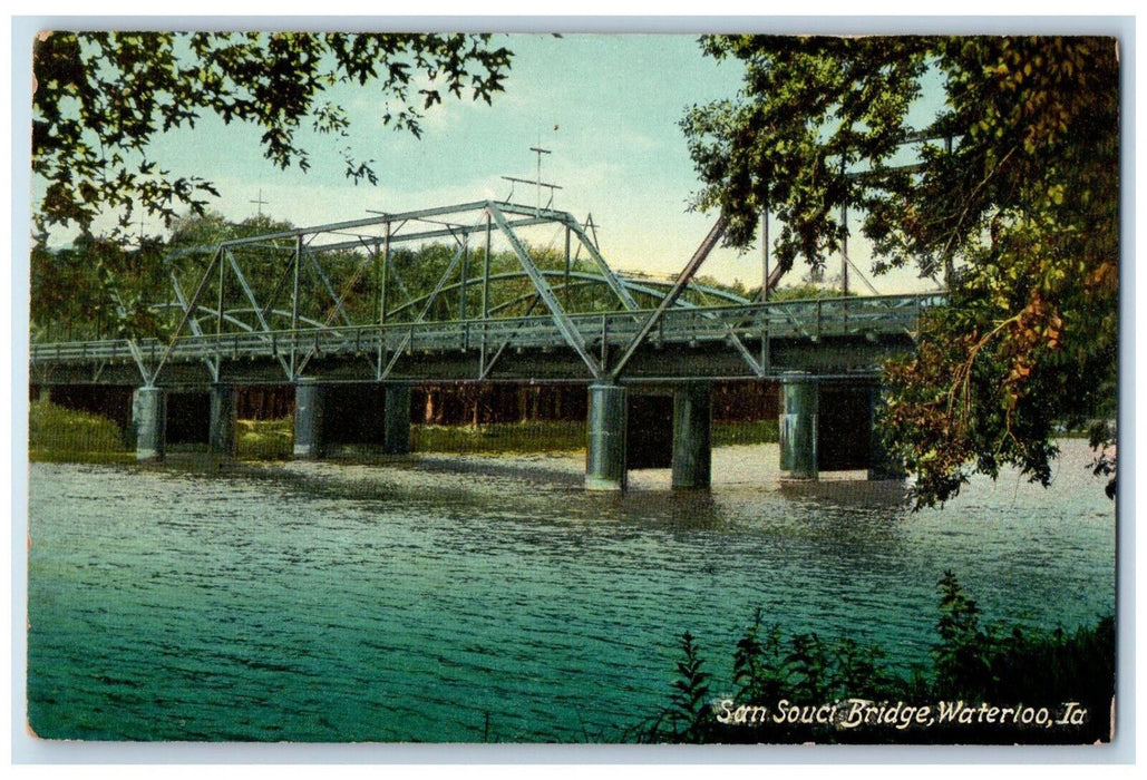San Souci Bridge River Train Railroad Scene Waterloo Iowa IA Antique Postcard