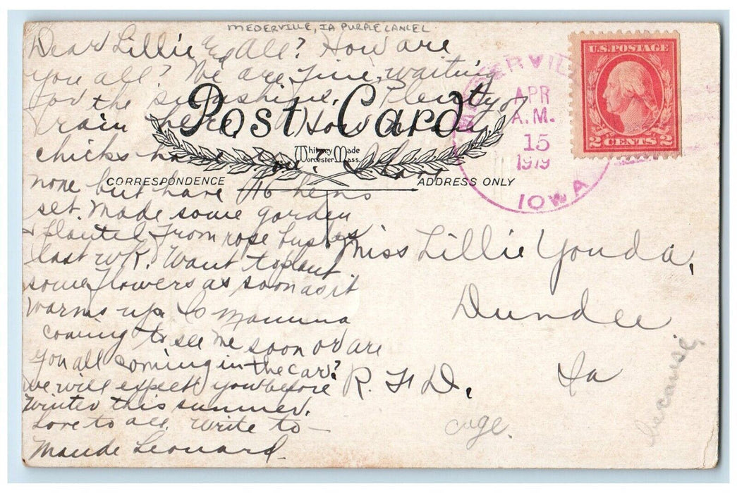 1919 Easter Greetings Girl Chasing Chicks Mederville IA Purple Cancel Postcard